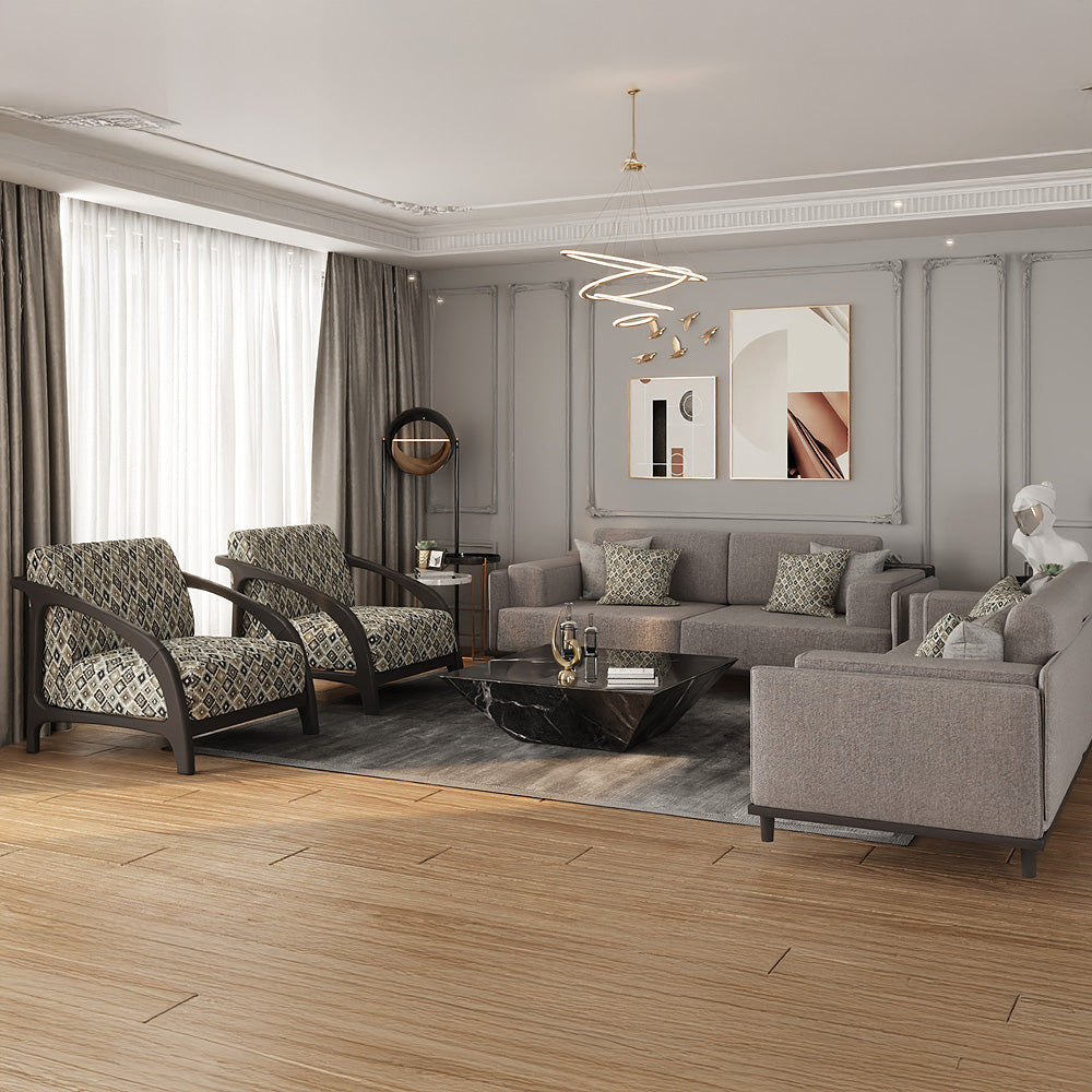 طقم كنب 8 مقاعد من الهوم – قماش لينن فاخر خشب زان وسويدي – رمادي