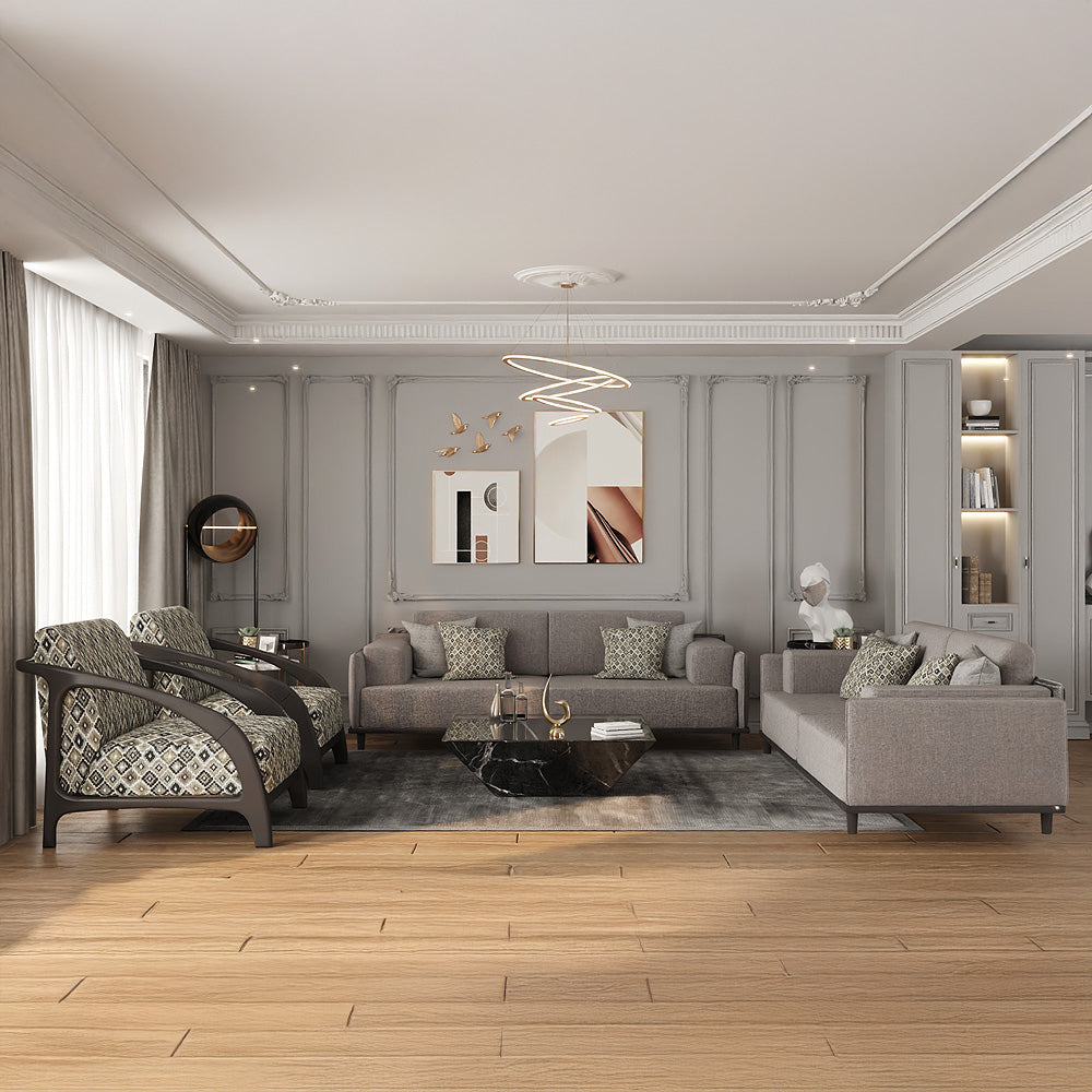 طقم كنب 8 مقاعد من الهوم – قماش لينن فاخر خشب زان وسويدي – رمادي