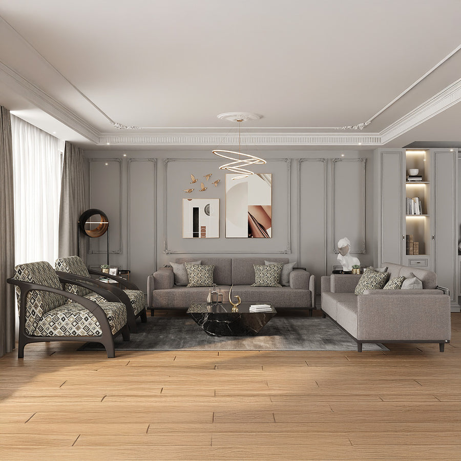 طقم كنب 8 مقاعد من الهوم – قماش لينن فاخر خشب زان وسويدي – رمادي