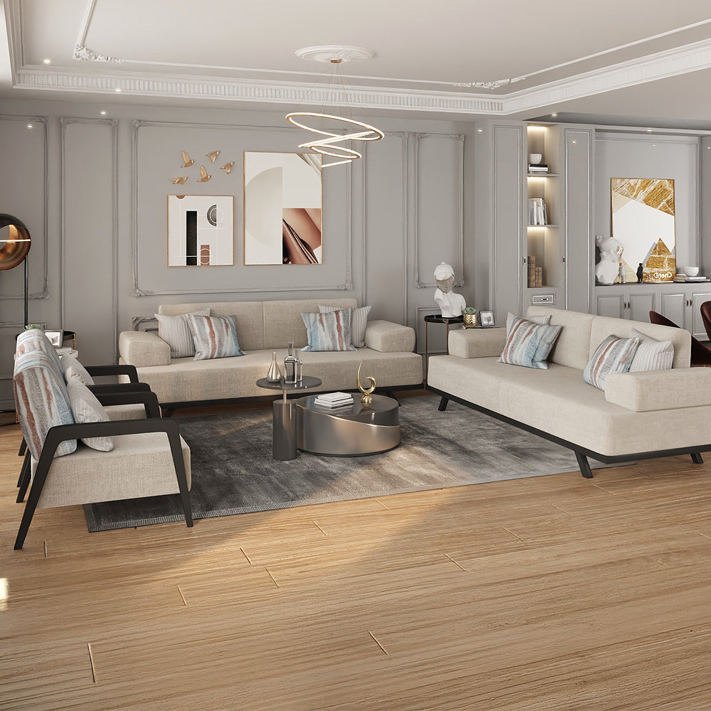  

طقم كنب 8 مقاعد من الهوم – قماش شانيل وإطار خشب زان وسويدي – بيج