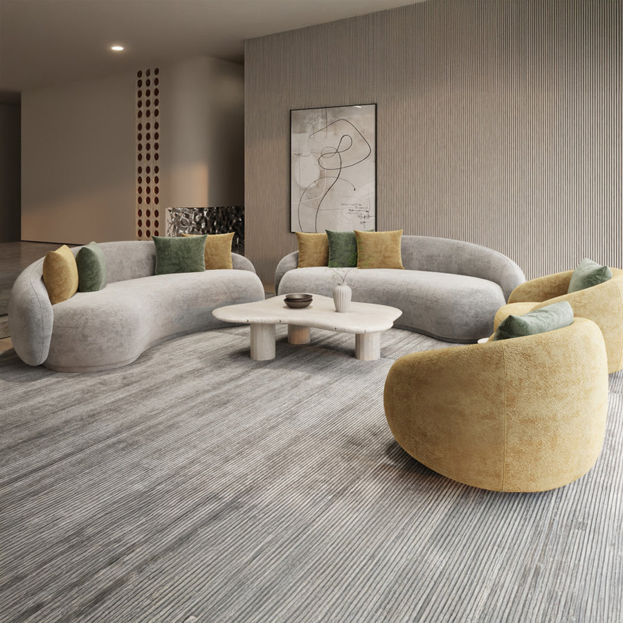 طقم كنب 7 مقاعد من الهوم – قماش بوكلية فاخر خشب زان وسويدي – رمادي فاتح مع كراسي صفراء