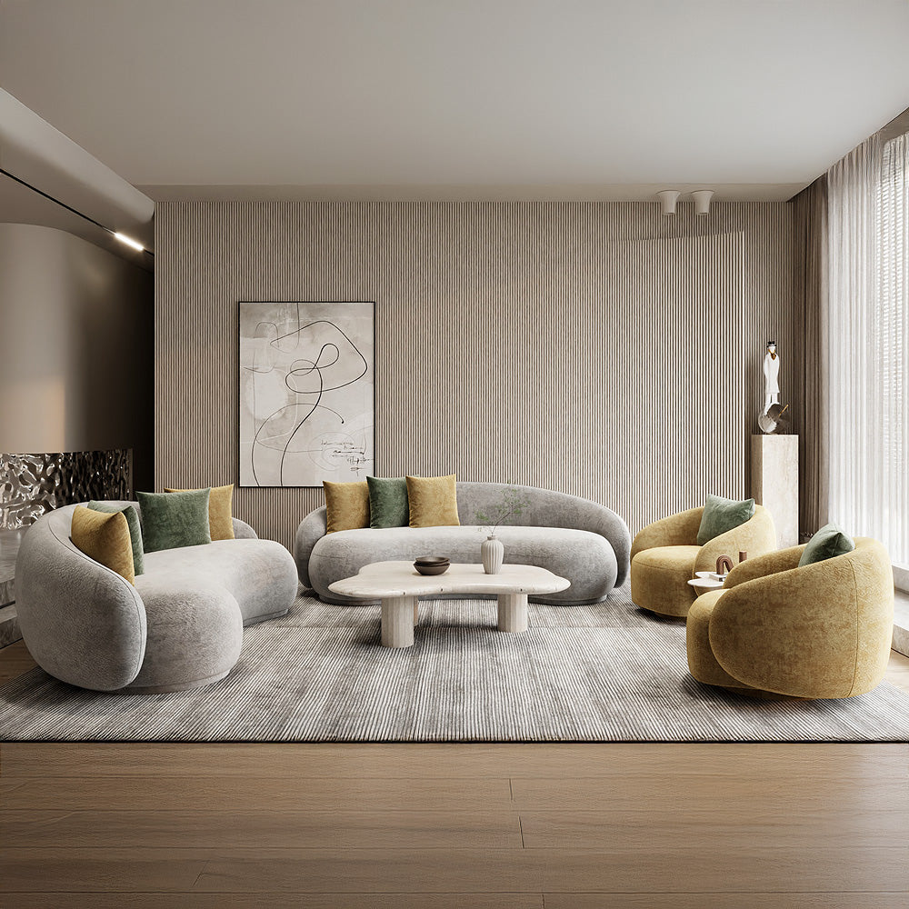 طقم كنب 7 مقاعد من الهوم – قماش بوكلية فاخر خشب زان وسويدي – رمادي فاتح مع كراسي صفراء