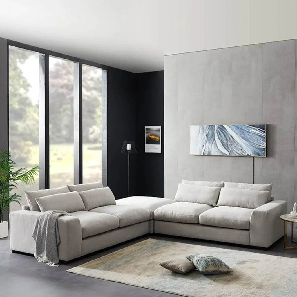 كنبة زاوية من الكتان والخشب السويدي - 85x85x85x300 سم - أوف وايت -  - AL-4
