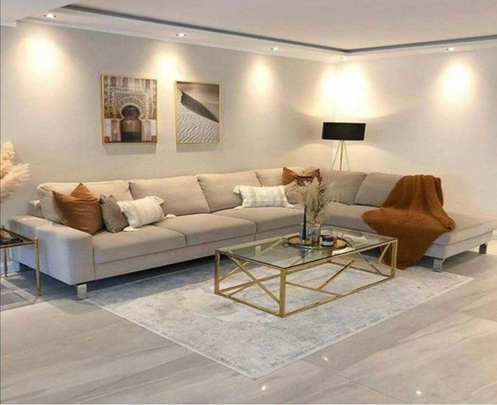 كنبة L كتان وخشب سويدي بمقاس 350x220x90x سم من الهوم - بيج
