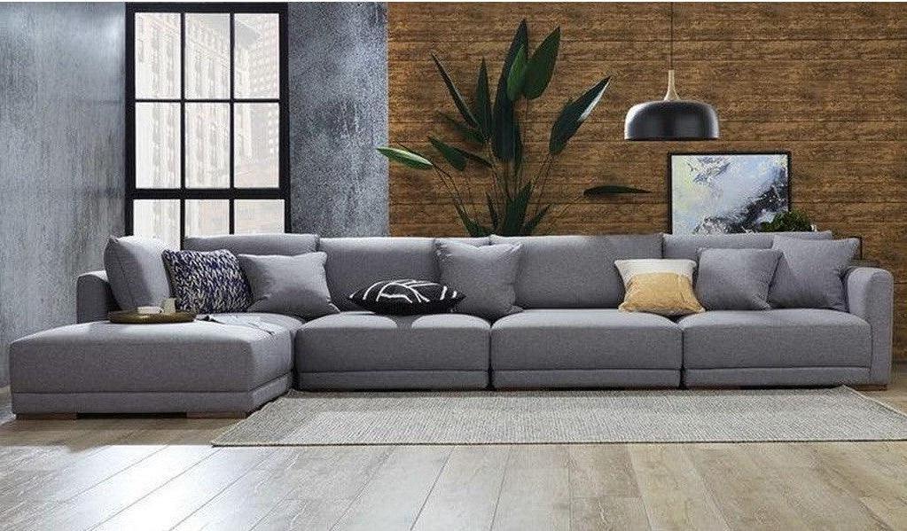 الهوم كنبة زاوية بشكل حرف L من الكتان والخشب السويدي - 80x400x80 سم - رمادي  - AL-1727