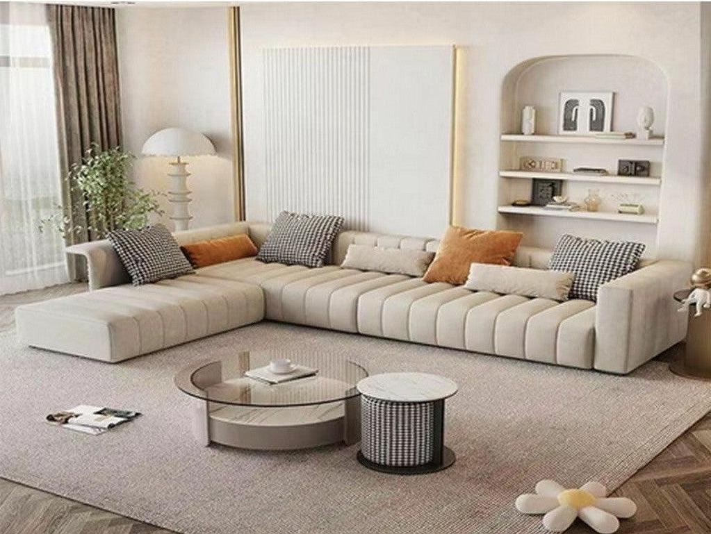كنبة زاوية  مصنوعة من الخشب السويدي والمخمل - مقاس 300x80x85 سم - بيج