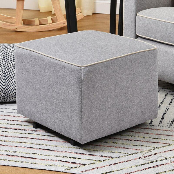 Alhome Linen Gray Pouf Malaysian Wood, Linen Fabric, Gray Color (55x55x40) - ALHOME