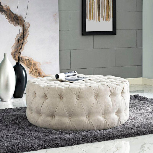 Alhome Linen Beige Pouf Malaysian Wood, Linen Fabric, Beige Color (70x45) - ALHOME