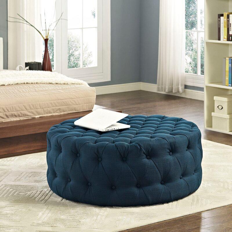 Alhome Linen Navy Pouf Malaysian Wood, Linen Fabric, Navy Color (70x45) - ALHOME