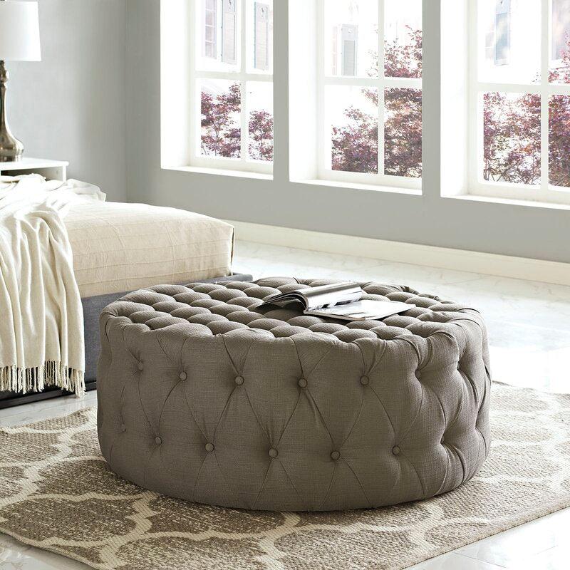 Alhome Linen Gray Pouf Malaysian Wood, Linen Fabric, Gray Color (70x45) - ALHOME