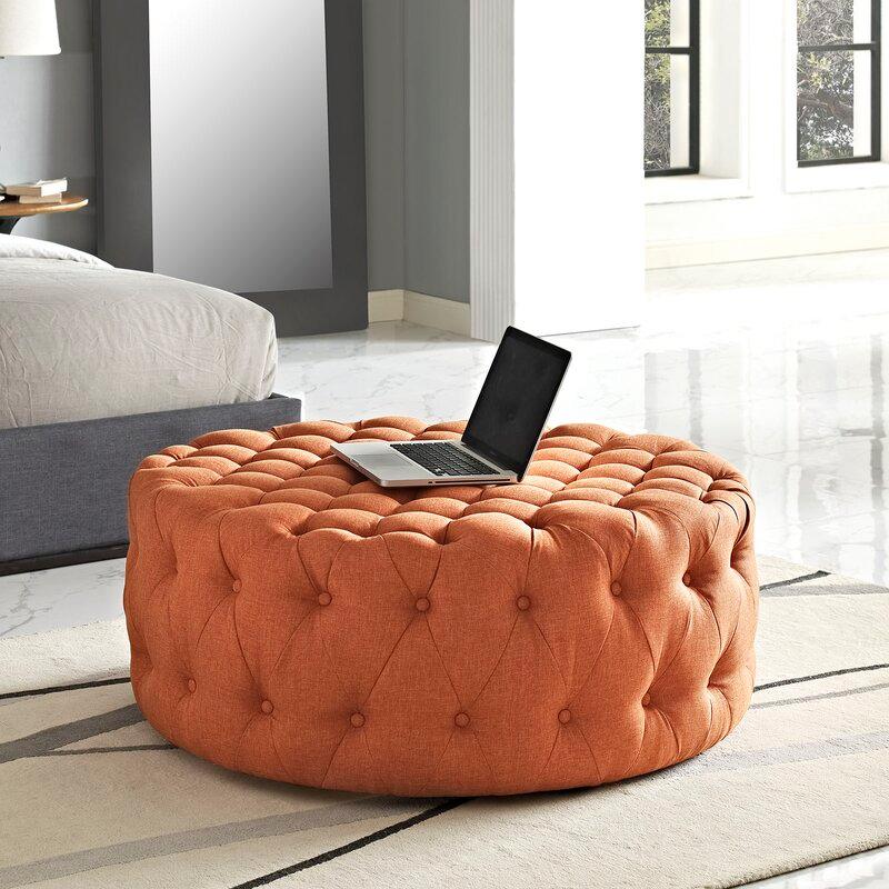 Alhome Linen Light Orange Pouf Malaysian Wood, Linen Fabric, Light Orange Color (70x45) - ALHOME