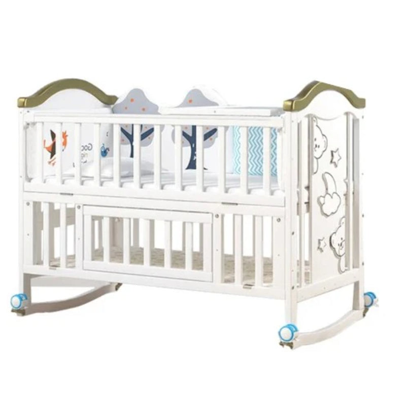 سرير أطفال متعدد الوظائف مع ناموسية مصنوع من خشب الصنوبر النيوزيلندي بنسبة 100%، ومساحة تخزين واسعة لأساسيات الطفل، وعجلات دوارة 360 درجة مع فرامل أمان - 120x67x99 سم ​​- WBB598G
