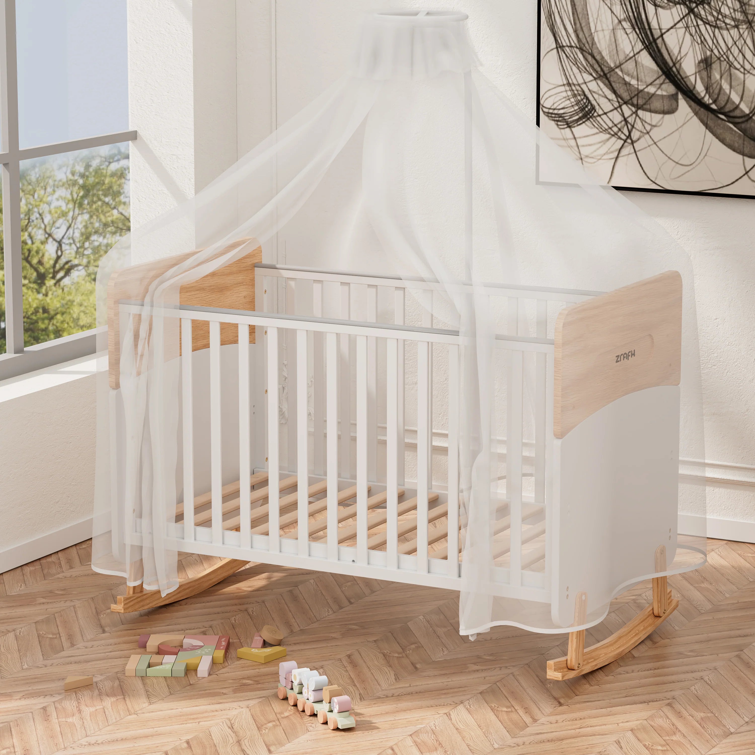 Wooden Convertible Baby Crib to Toddler Bed with Mosquito Net, White/Almond - WBB910-1