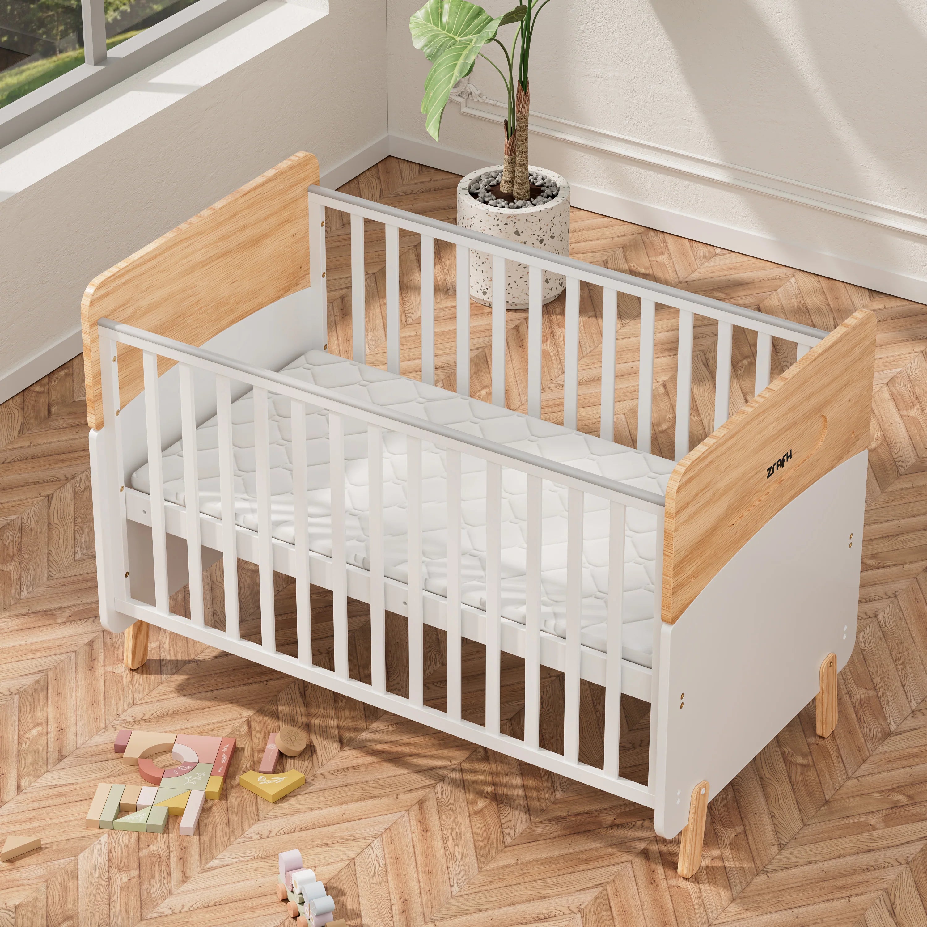 Wooden Convertible Baby Crib to Toddler Bed with Mosquito Net, White/Almond - WBB910-1