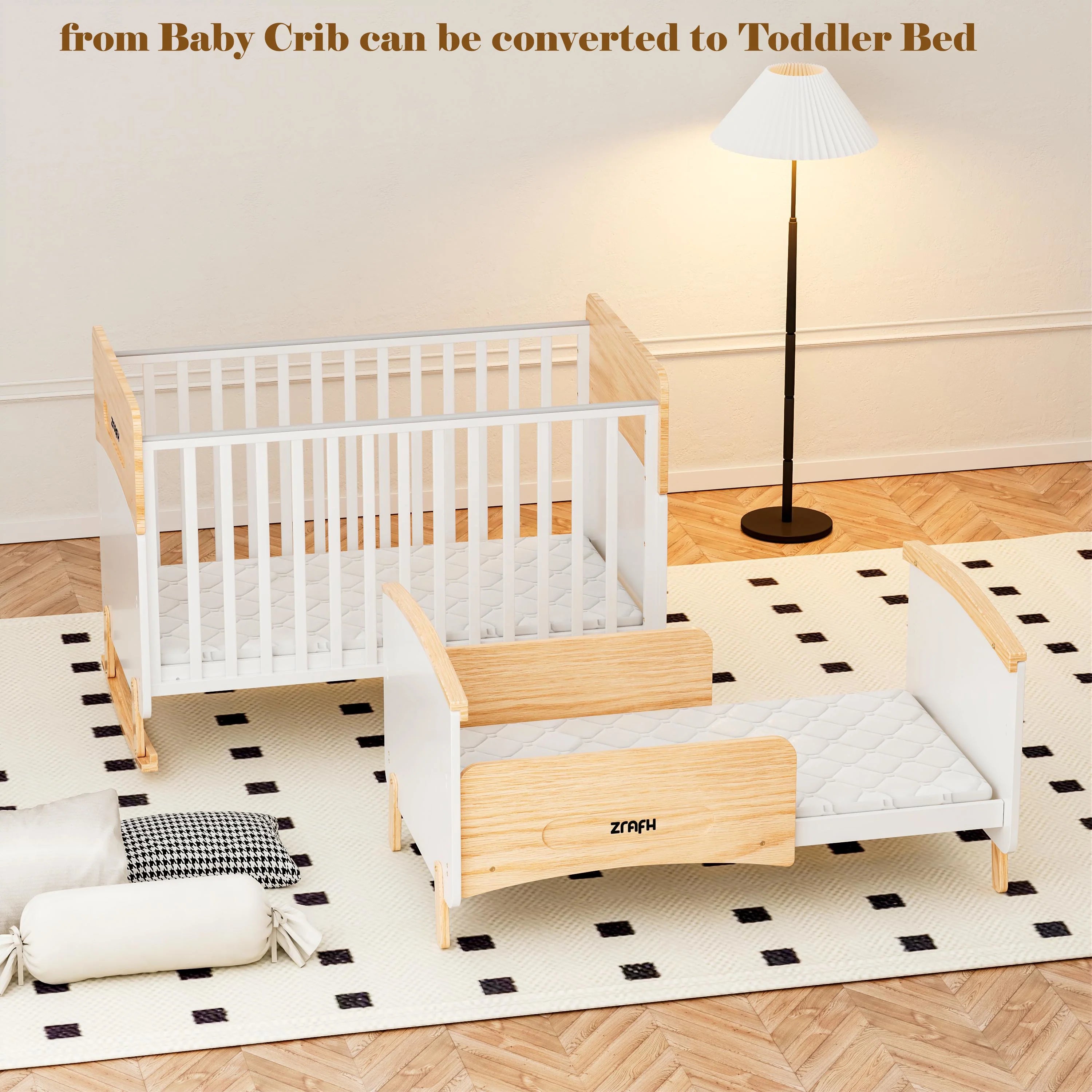 Wooden Convertible Baby Crib to Toddler Bed with Mosquito Net, White/Almond - WBB910-1