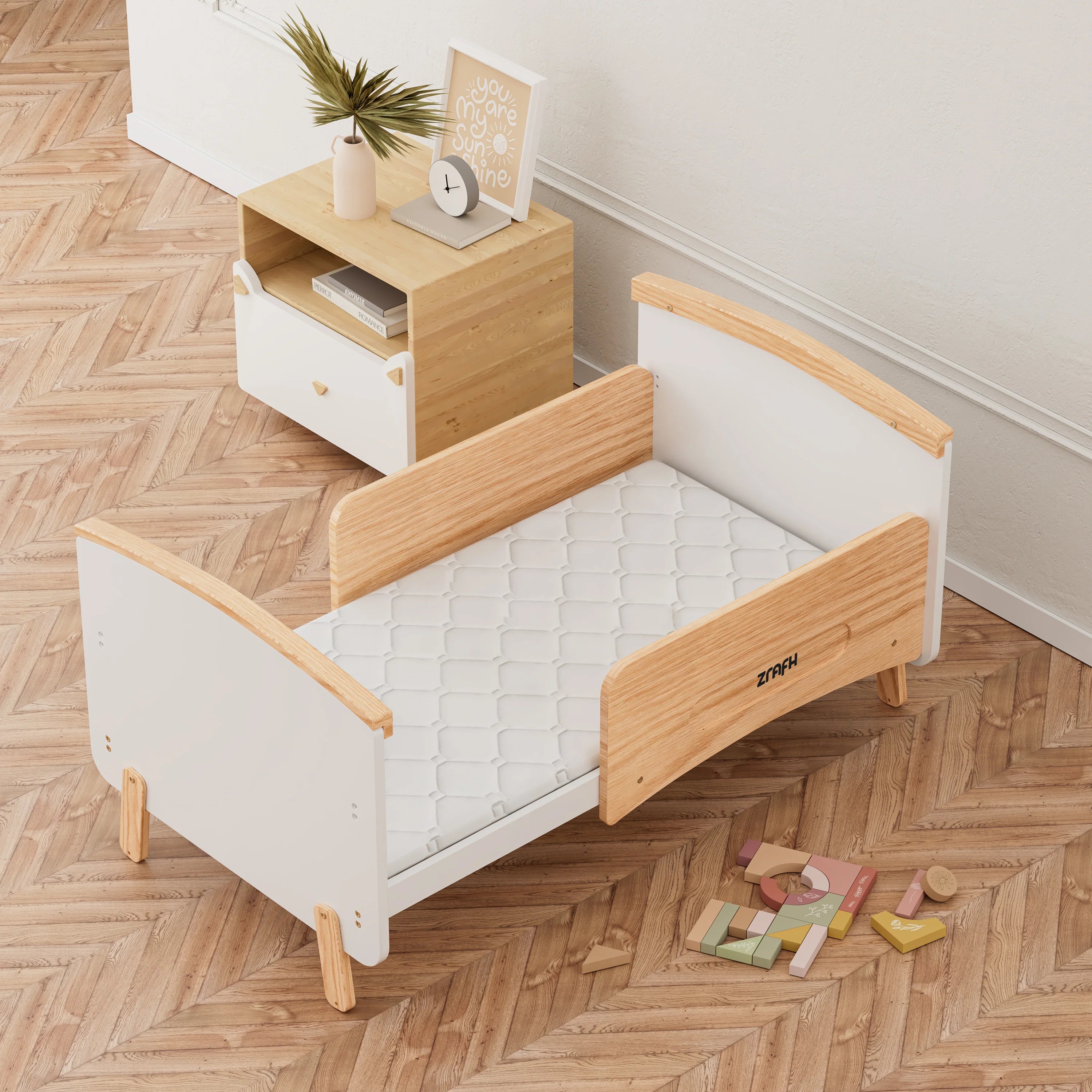 Wooden Convertible Baby Crib to Toddler Bed with Mosquito Net, White/Almond - WBB910-1