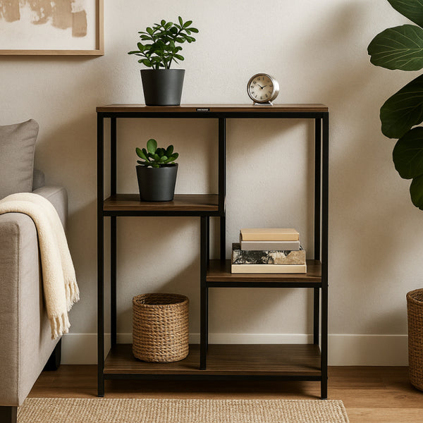 Modern Metal and Wood Shelving Unit - Brown and Black - 77x30x117 cm