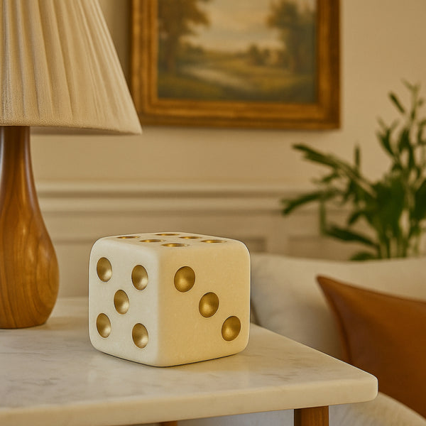 Elegant Dice Figurine - Beige and Gold - 14 cm