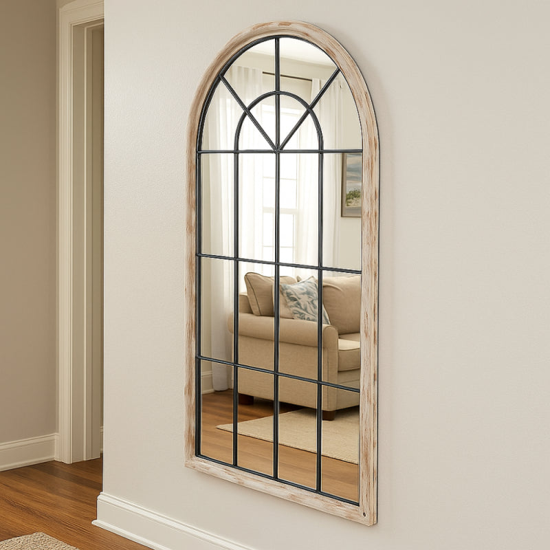 Decorative Arched Mirror with an Elegant Wooden Frame - White and Brown - 80x3x140 cm