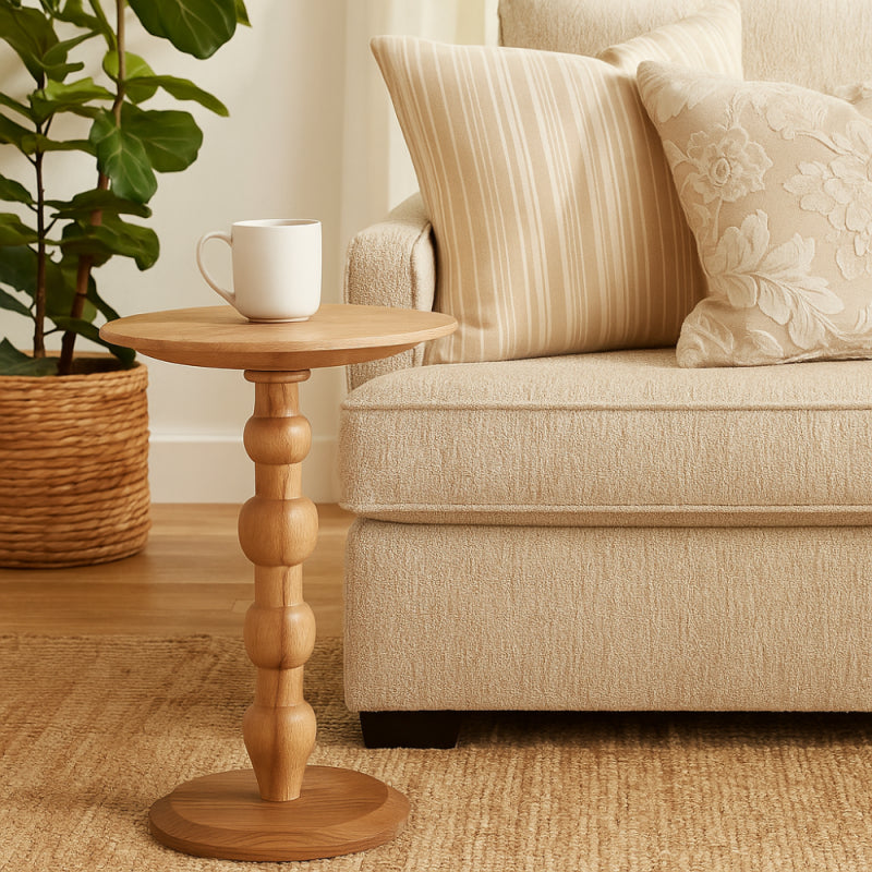 Elegant Round Wooden Side Table with Carved Base - 40 cm - Brown