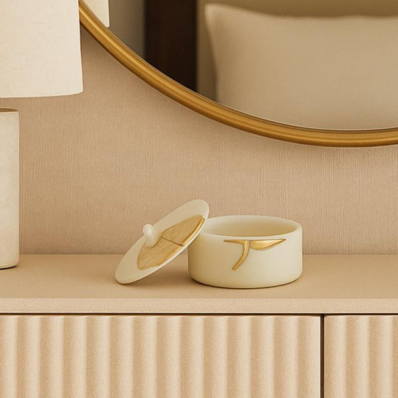 Elegant Decorative Box with a Gold Lid and Luxurious Leaf Design - 14 cm - Beige and Gold