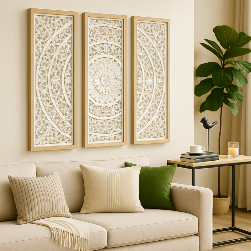 Triple Wall Art with a Soft Decorative Design and Elegant Wooden Frame - White and Brown - 95x95 cm