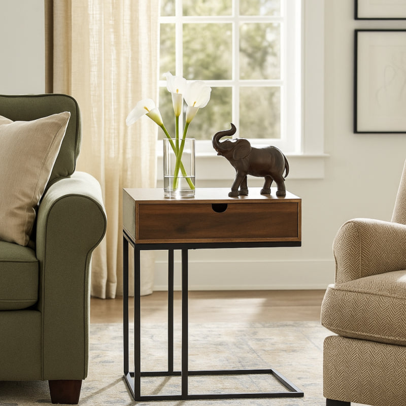 Modern Side Table with Drawer and Metal Base - 40x30x60 cm