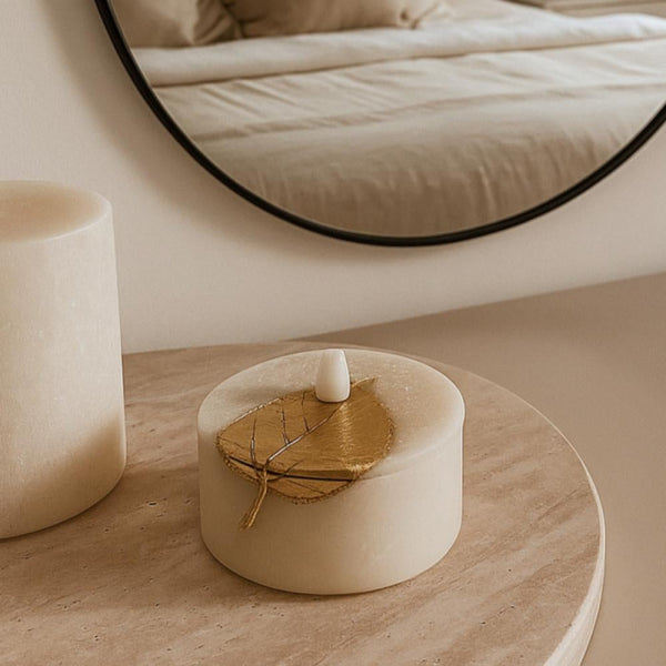 Elegant Decorative Box with a Gold Lid and Luxurious Leaf Design - 14 cm - Beige and Gold
