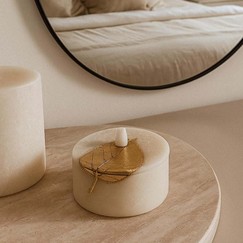 Elegant Decorative Box with a Gold Lid and Luxurious Leaf Design - 14 cm - Beige and Gold