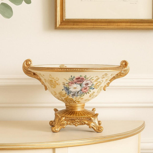 Luxurious Decorative Bowl with a Classic Ornate Design and Gold Accents - Gold and Off White - 34 cm