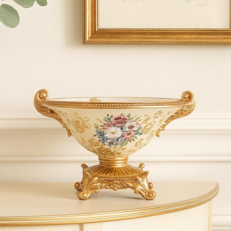 Luxurious Decorative Bowl with a Classic Ornate Design and Gold Accents - Gold and Off White - 34 cm
