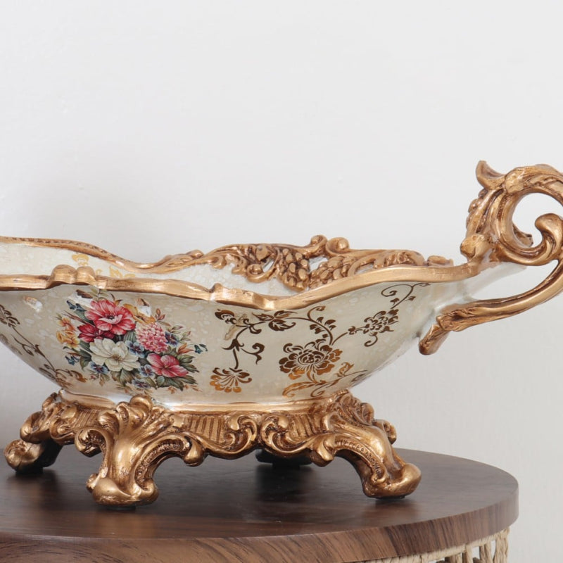 Luxury Ceramic Plate with Gold Handles - 43x26x17 cm - Beige and Gold