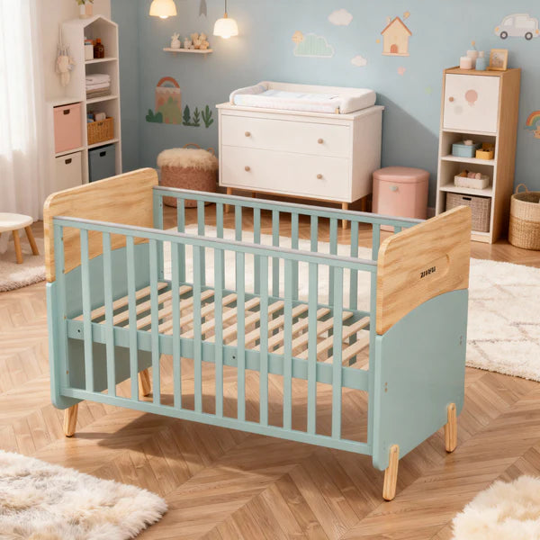 سرير أطفال خشبي قابل للتحويل إلى سرير للأطفال الصغار مع ناموسية، لون أخضر/لوزي - WBB910-1G