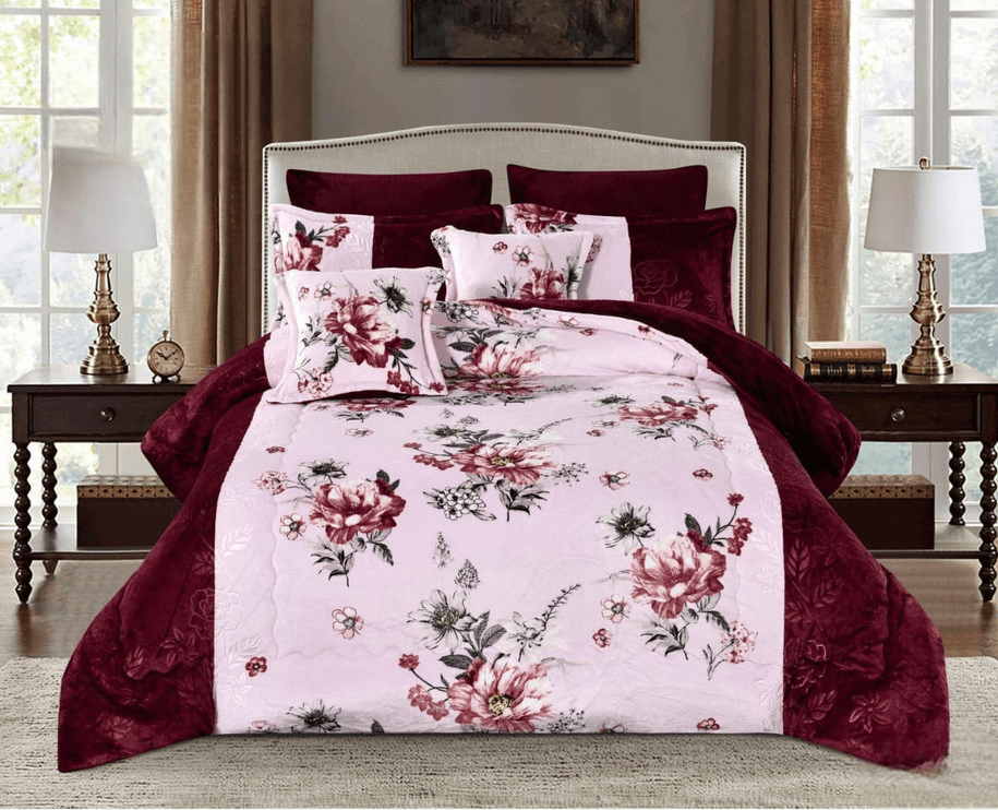 Soft Velvet Bedding With A Fur Interior - 8 Pieces - Double - Floral - Multi-Colored By Alhome - ALHOME