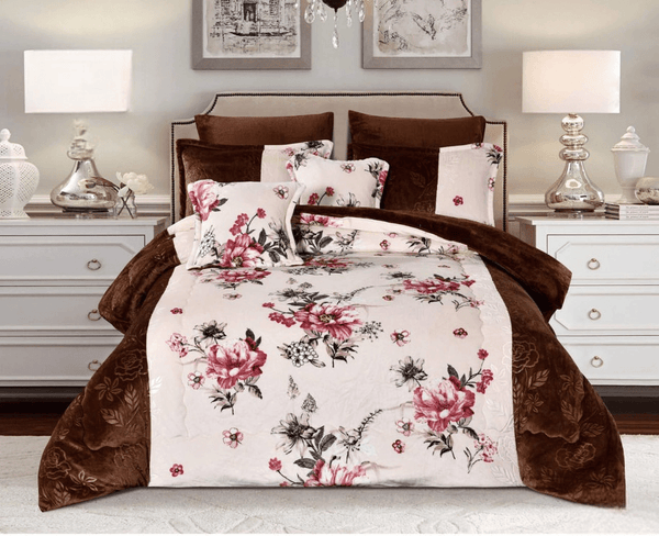 Soft Velvet Bedding With A Fur Interior - 8 Pieces - Double - Floral - Multi-Colored By Alhome - ALHOME