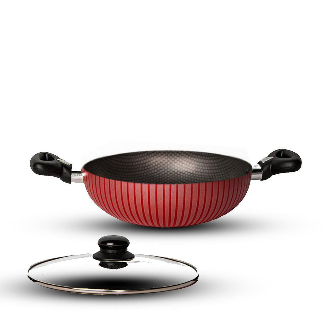 Family Ship Non-stick frying pan with glass lid, 32 cm -Red / black - ALHOME