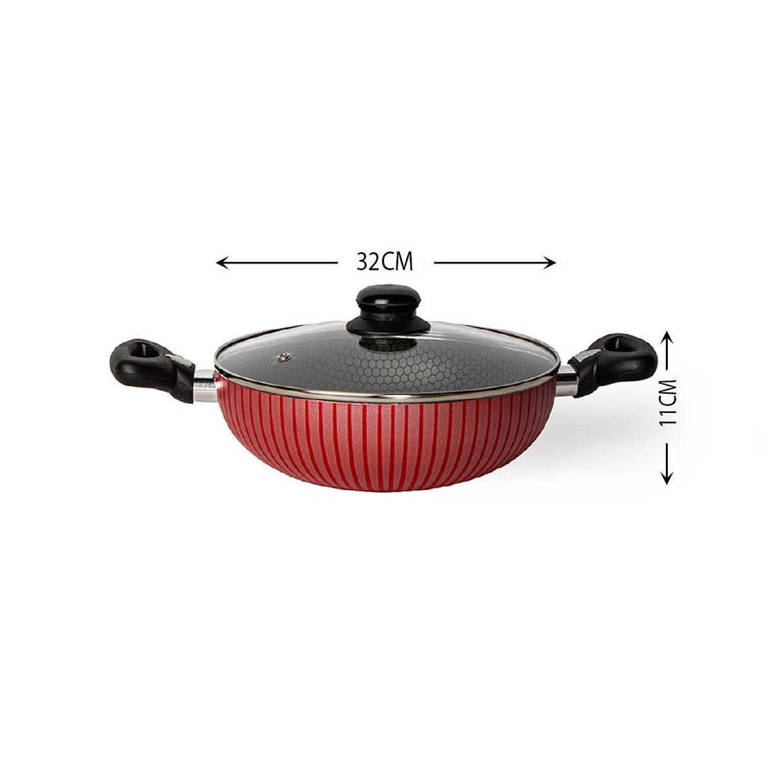 Family Ship Non-stick frying pan with glass lid, 32 cm -Red / black - ALHOME