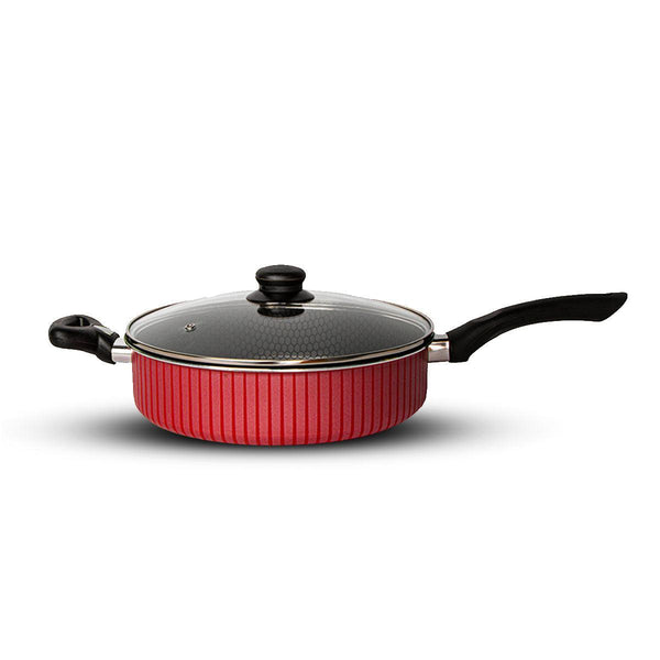 Family Ship Frying pan with handle and non-stick glass lid, 28 cm-Red / black - ALHOME