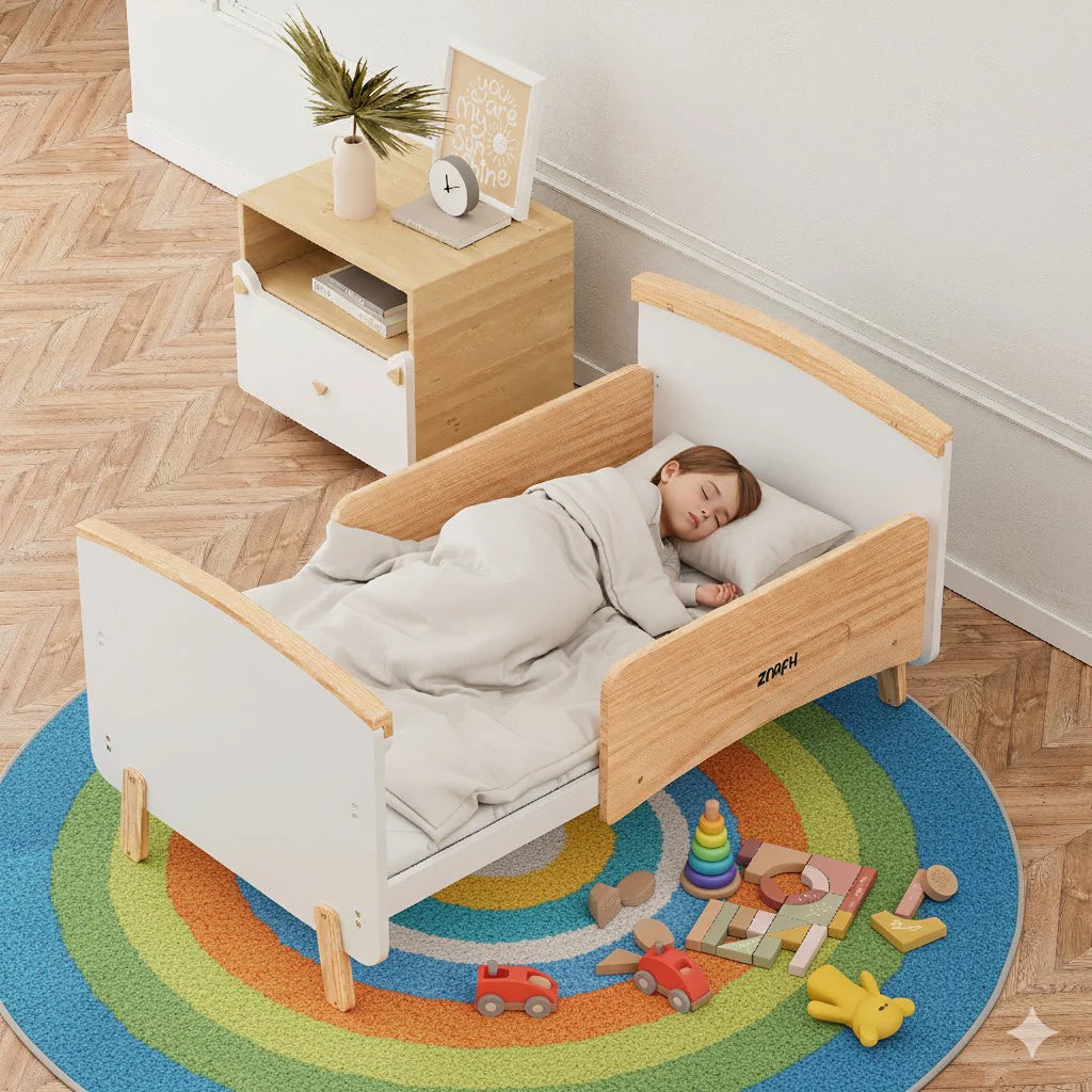 Wooden Convertible Baby Crib to Toddler Bed with Mosquito Net, White/Almond - WBB910-1