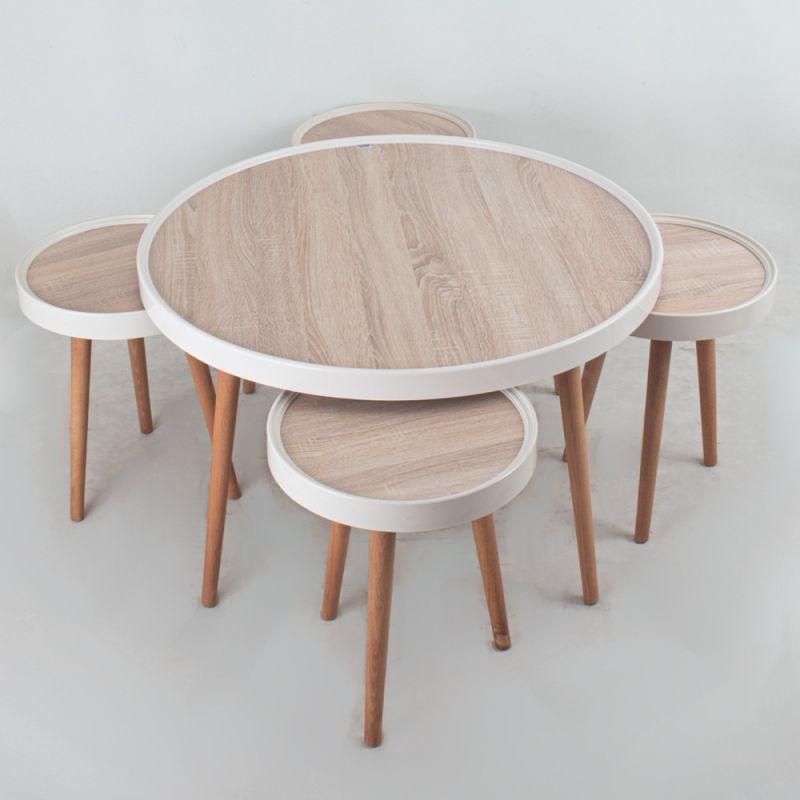 Home 4+1 Round Wooden Table Set With Wooden Bases In Brown Color By Alhome - ALHOME