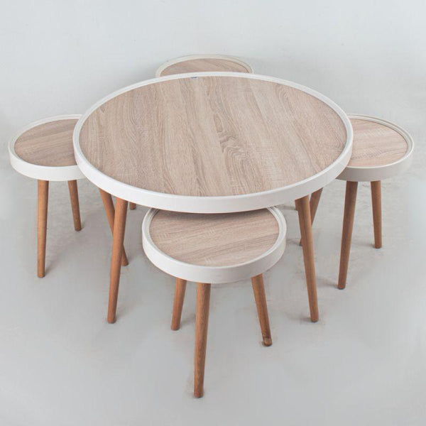 Home 4+1 Round Wooden Table Set With Wooden Bases In Brown Color By Alhome - ALHOME