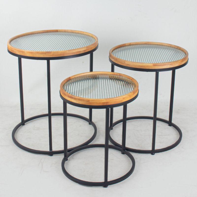 Set of Circular Tables With Iron Bases And A Glass Top With Wooden Edges By Alhome - ALHOME