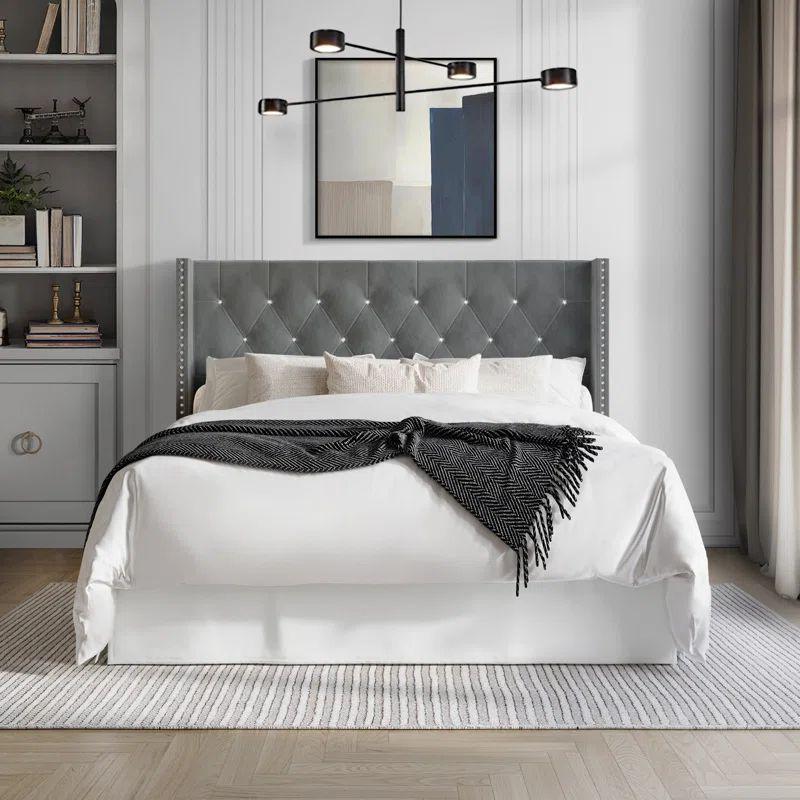 Super King Bed in Gray-White Velvet with Swedish Wood Frame By Alhome - ALHOME