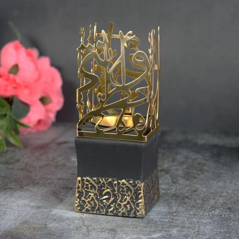 Ceramic Incense Burner With Square Base And Golden Sayings - 17 cm - Gold And Black By Family Ship - ALHOME