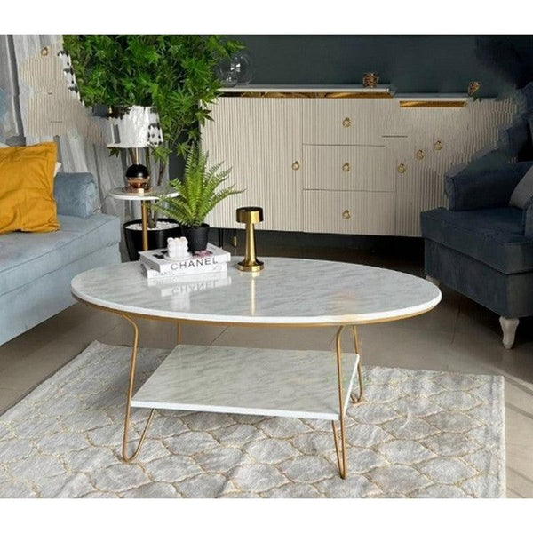 Iron and Marble Wood Coffee Table White - 120x65x50 cm By Alhome - ALHOME