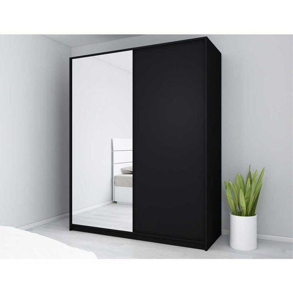 Wardrobe with Sliding Doors and Mirror, Black By Alhome - ALHOME