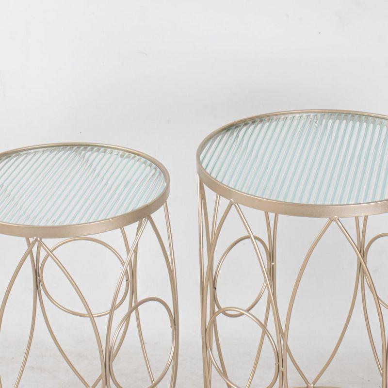 Set of Golden Circular Tables With A Round Glass Top And Iron Bases By Alhome - ALHOME