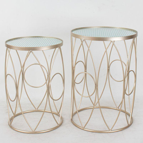 Set of Golden Circular Tables With A Round Glass Top And Iron Bases By Alhome - ALHOME