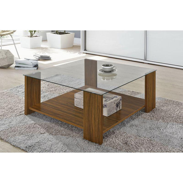 Square Coffee Table With Glass Top From Malaysian Wood - Brown - 80x80x35 cm - By Baity - ALHOME