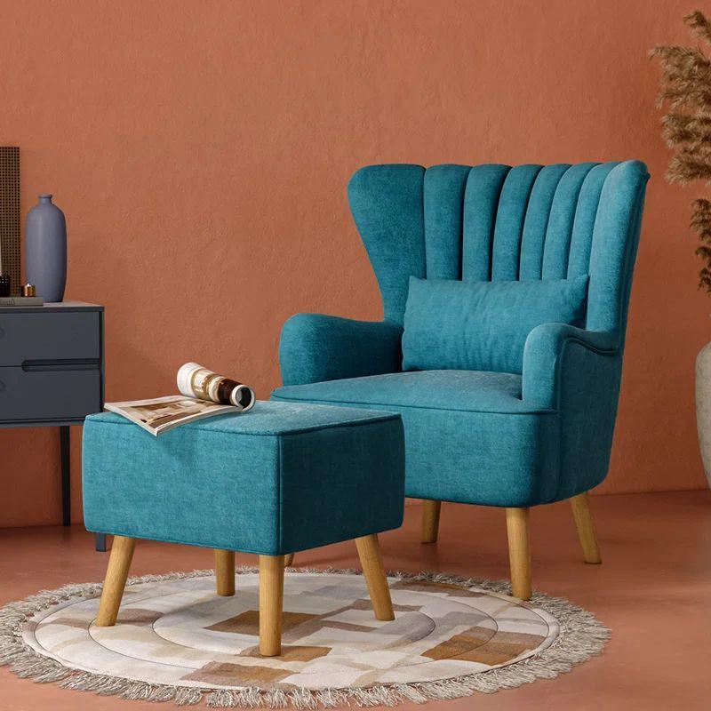 Turquoise Chanel-Inspired Chair and Pouf Set Swedish Wood By Alhome - ALHOME